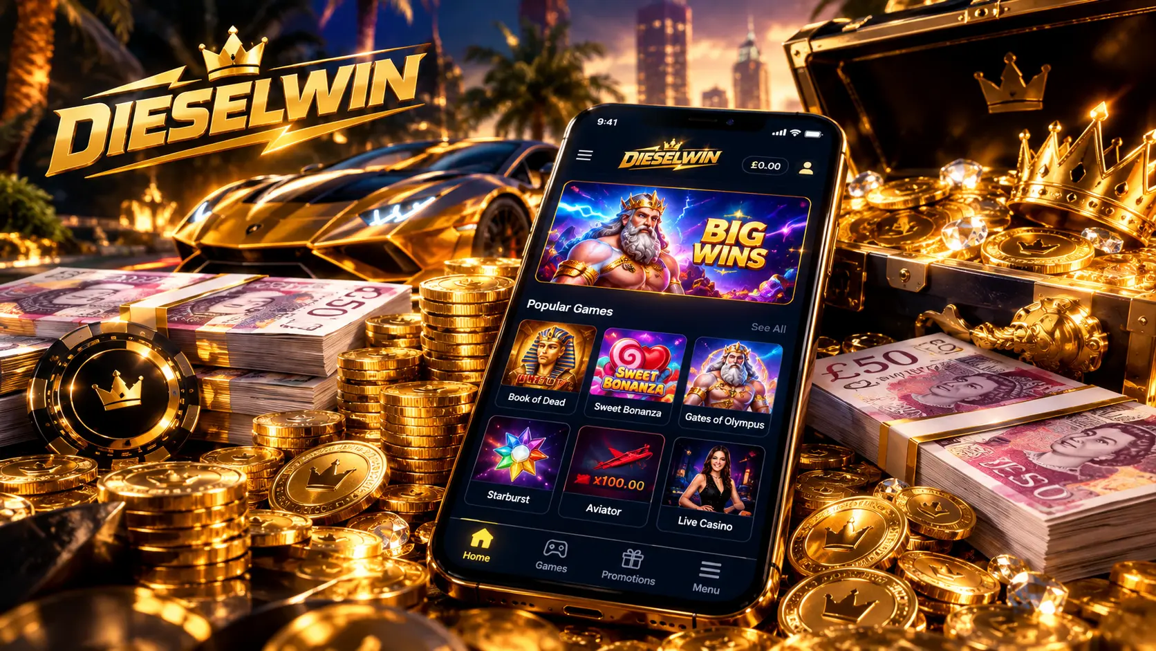 Dieselwin Casino on a smartphone: play casino games and sports in your mobile browser